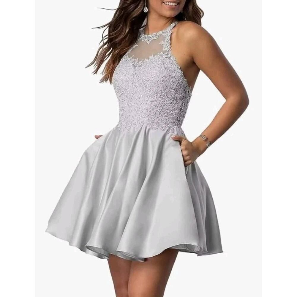 Sweet 16 Quinceneara Silver Dress with pockets And Rhinestones‎ Size 4